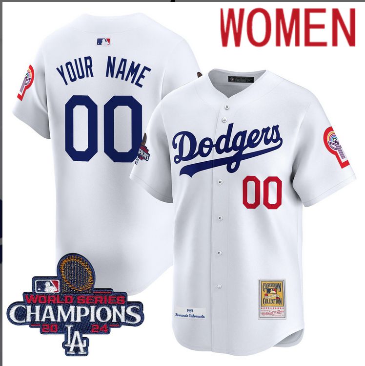 Women MLB Los Angeles Dodgers Custom white 2024 World Series Champions Patch Cooperstown Jersey style 7->customized mlb jersey->Custom Jersey